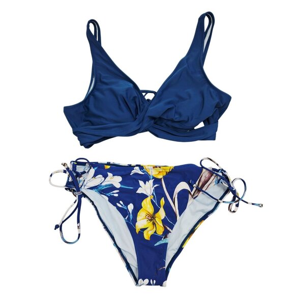 Blue Floral Bikini Set Wrap Bikini Top & Tie Side Bottoms Womens Swimsuit XL - Picture 1 of 5